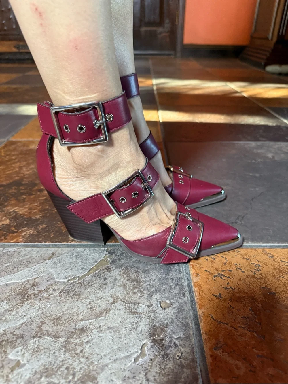 Women's Burgundy Pointed-Toe Buckle Heels